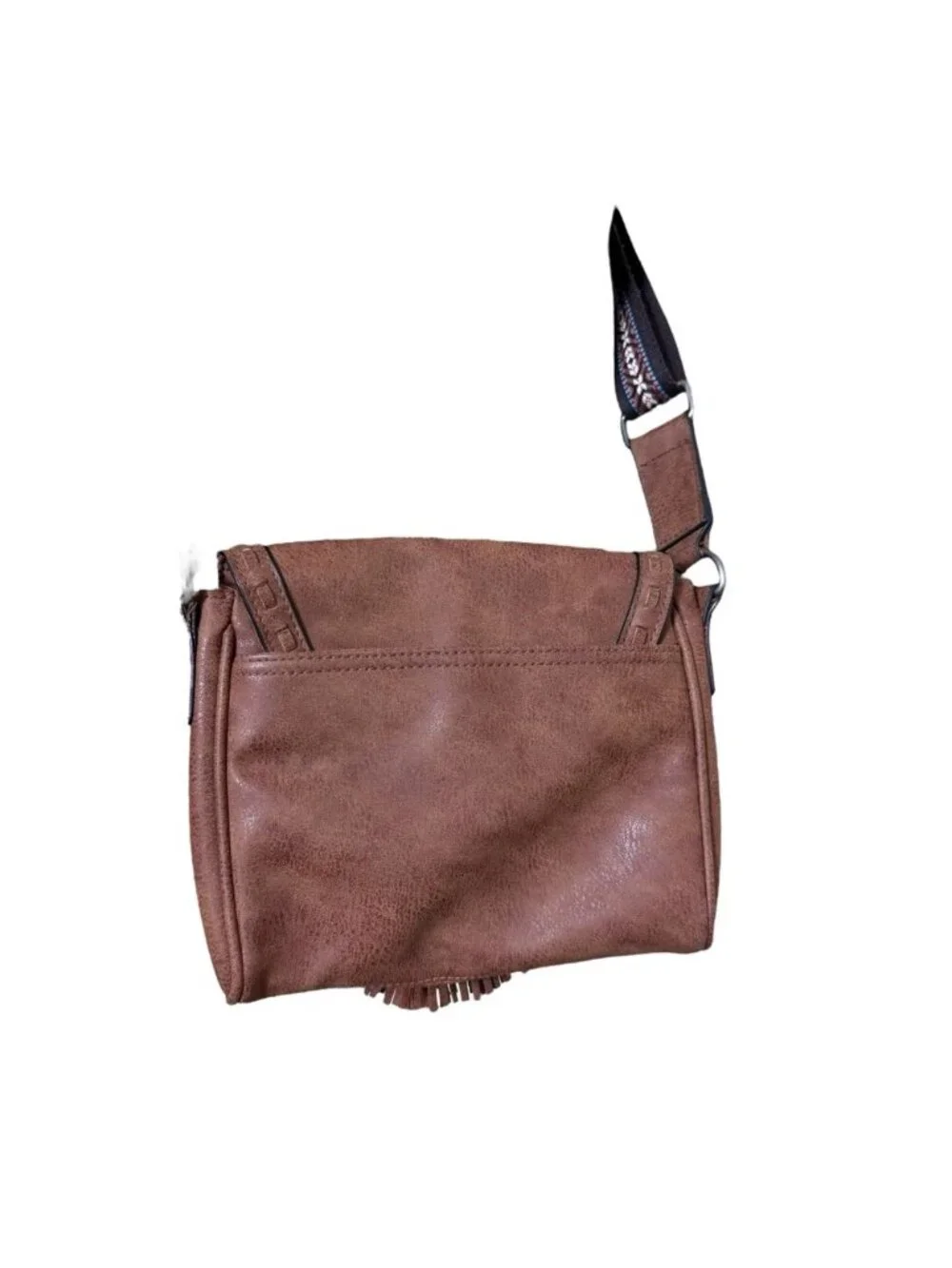 Boho Brown Crossbody Bag Guitar Strap Faux Leather Tassel Textile